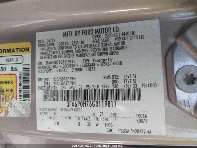 Ford FUSION SE 2016 3FA6P0H76GR119811 Image 9