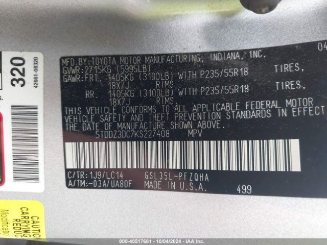 5TDDZ3DC7KS227408 Toyota Sienna Xle 7 Passenger