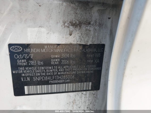 5NPD84LF1JH285006 Hyundai ELANTRA SEL