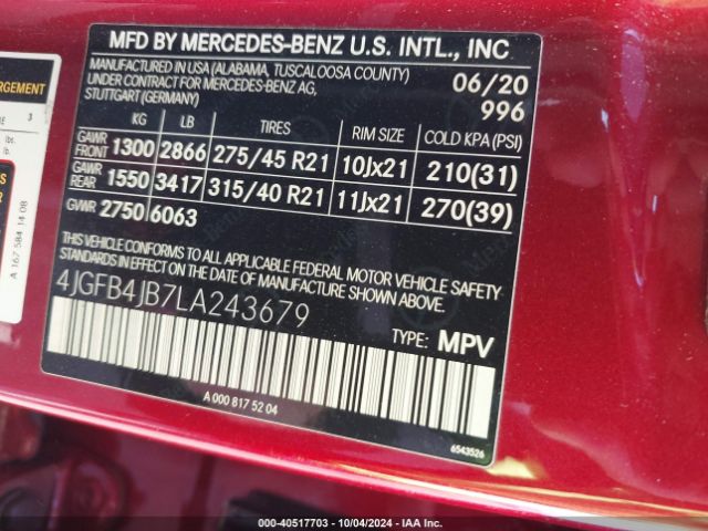 4JGFB4JB7LA243679 Mercedes-Benz GLE 350