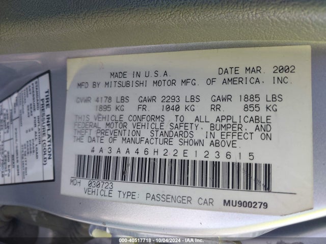 2002 MITSUBISHI GALANT 4A3AA46H22E123615 Photo 8