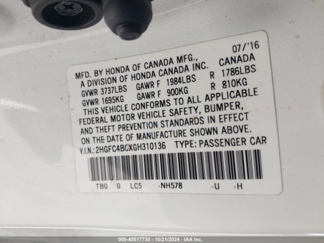 2HGFC4B0XGH310136 Honda Civic Lx-p