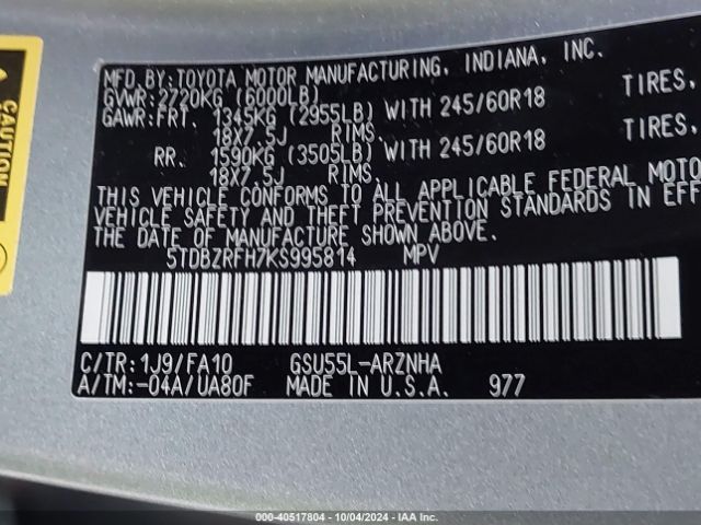 5TDBZRFH7KS995814 Toyota Highlander Le Plus
