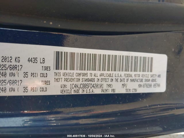 Jeep Compass Sport 2015 1C4NJCBB5FD420101 Image 9