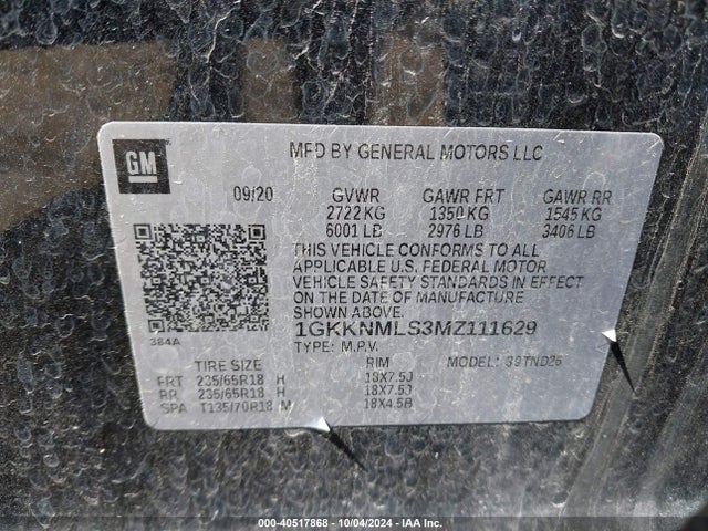 1GKKNMLS3MZ111629 GMC Acadia Fwd Slt