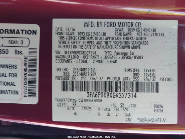 Ford Fusion Titanium 2016 3FA6P0K9XGR327314 Image 9