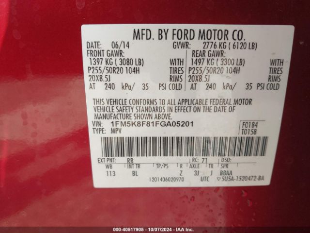 1FM5K8F81FGA05201 Ford Explorer Limited