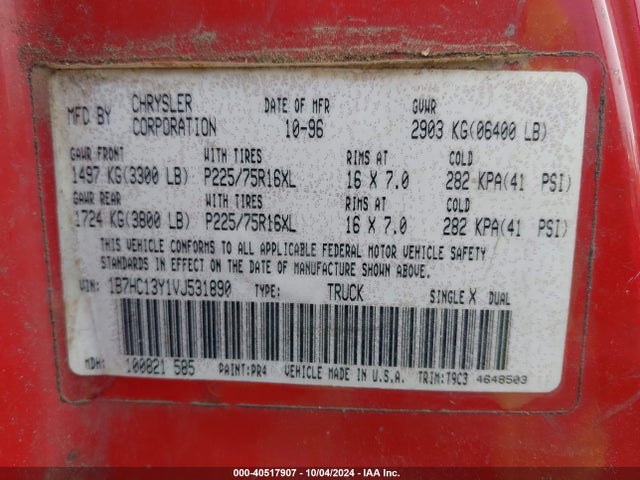 40517907 :رقم المزاد ، 1B7HC13Y1VJ531890 vin ، 1997 Dodge Ram 1500 St مزاد بيع