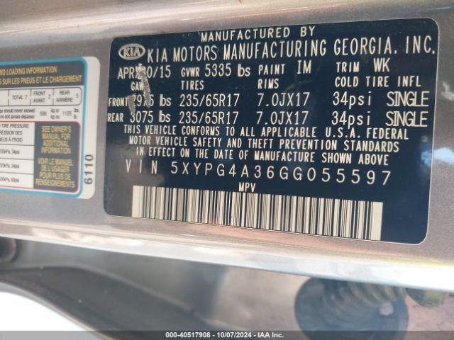 5XYPG4A36GG055597 KIA Sorento 2.4l Lx