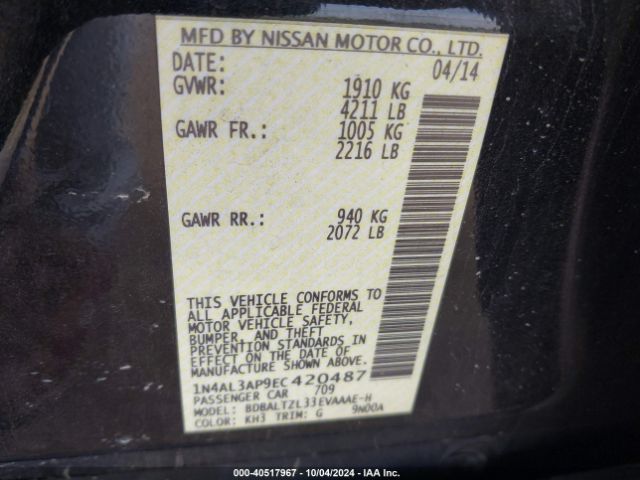 1N4AL3AP9EC420487 Nissan Altima 2.5 Sv