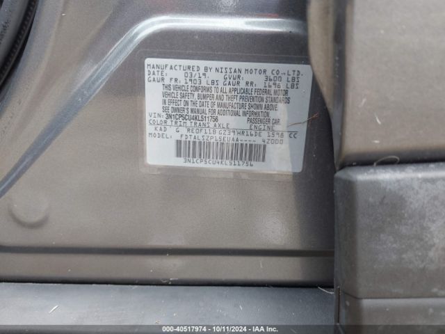 3N1CP5CU4KL511756 Nissan KICKS SV