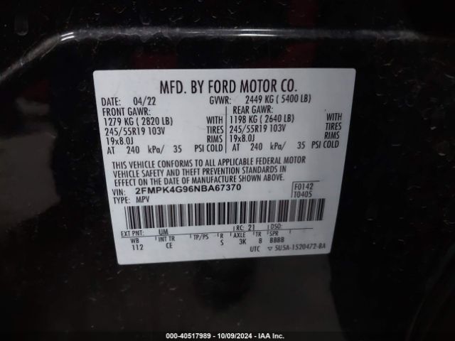 2FMPK4G96NBA67370 Ford EDGE SE