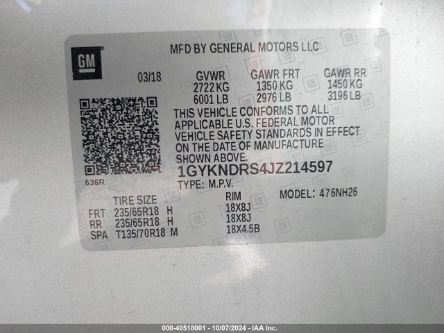 1GYKNDRS4JZ214597 Cadillac XT5 LUXURY