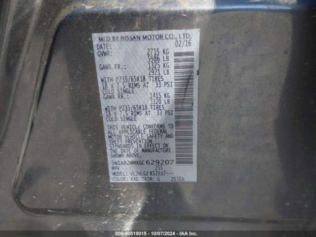 5N1AR2MMXGC629207 Nissan Pathfinder Sl