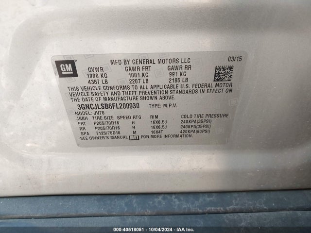Chevrolet Trax Lt 2015 3GNCJLSB6FL200930 Image 9