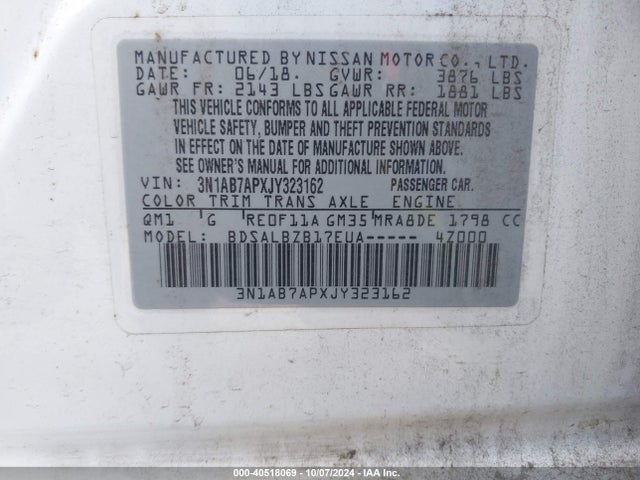3N1AB7APXJY323162 Nissan SENTRA S