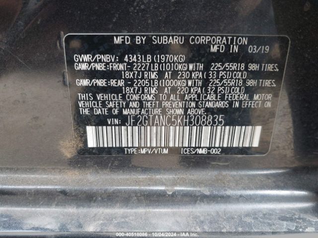 JF2GTANC5KH308835 Subaru Crosstrek 2.0i Limited