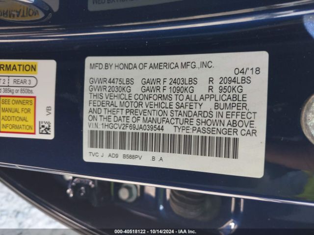 1HGCV2F69JA039544 Honda Accord Ex-l 2.0t