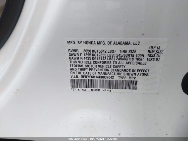 5FNYF6H14KB037042 Honda PILOT LX