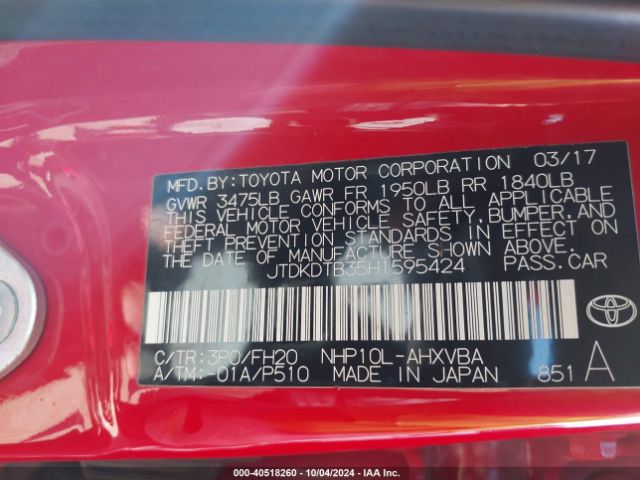 JTDKDTB35H1595424 Toyota Prius C One
