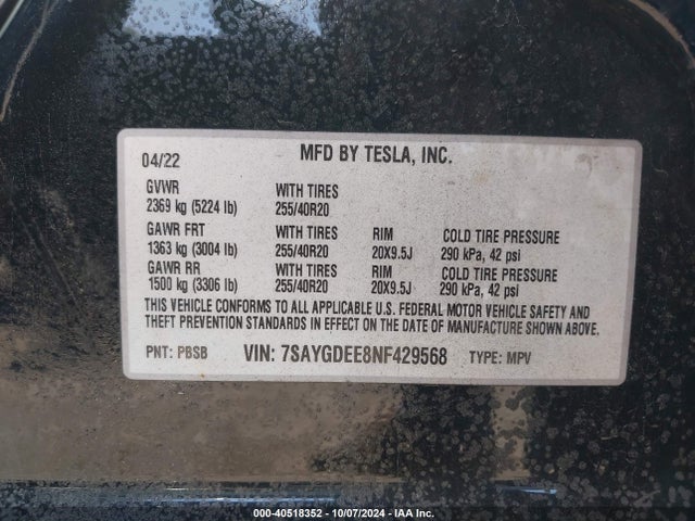 2022 TESLA MODEL Y 7SAYGDEE8NF429568 Photo 8