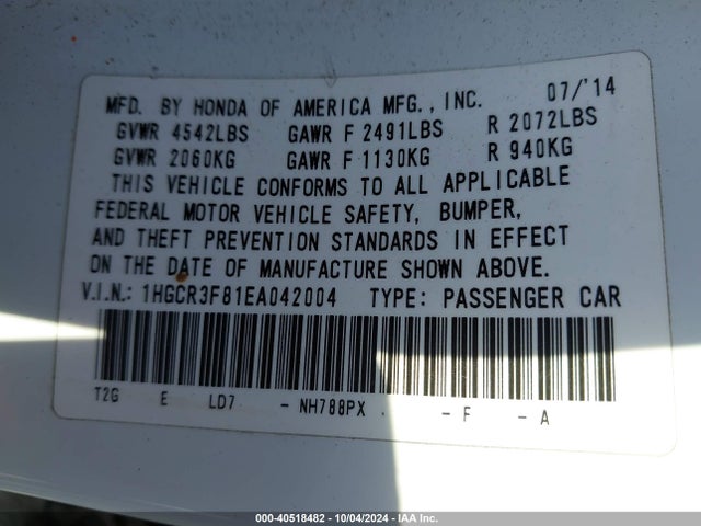 Honda Accord Ex-l V-6 2014 1HGCR3F81EA042004 Image 9