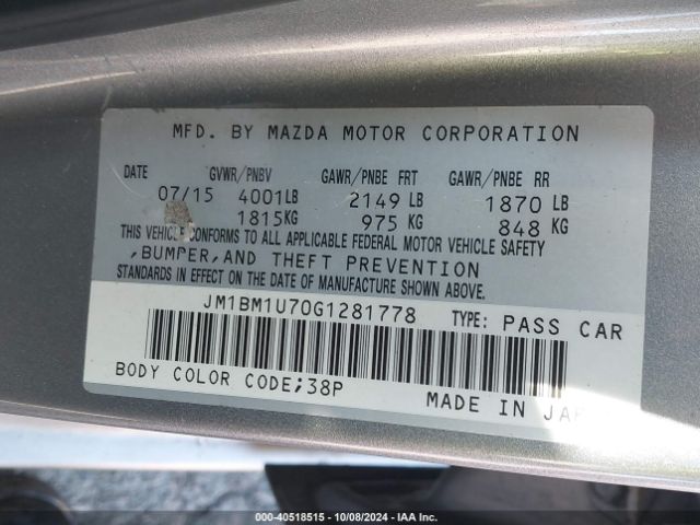 JM1BM1U70G1281778 Mazda Mazda3 I Sport