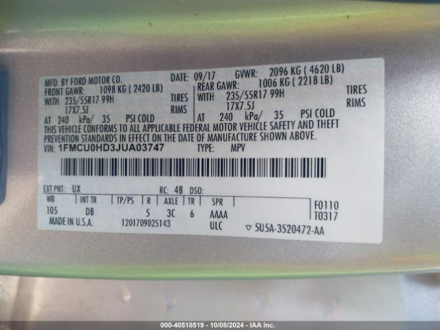 1FMCU0HD3JUA03747 Ford ESCAPE SEL