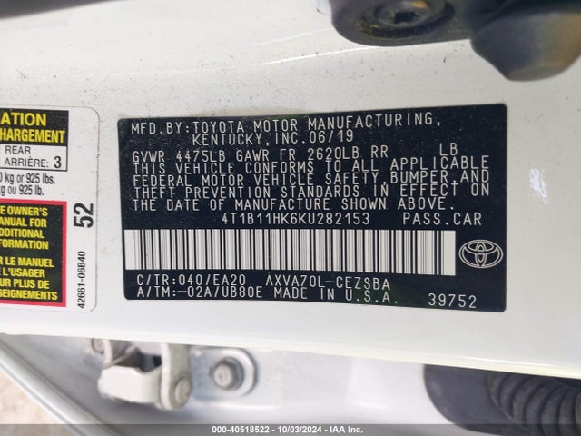 Toyota CAMRY SE 2019 4T1B11HK6KU282153 Image 9
