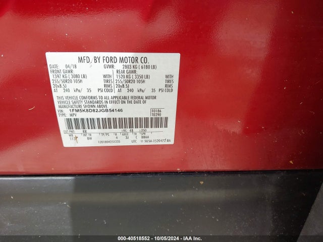 Ford EXPLORER XLT 2018 1FM5K8D82JGB54146 Image 9
