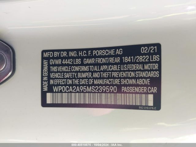 Porsche 911 2021 WP0CA2A95MS239590 Image 9