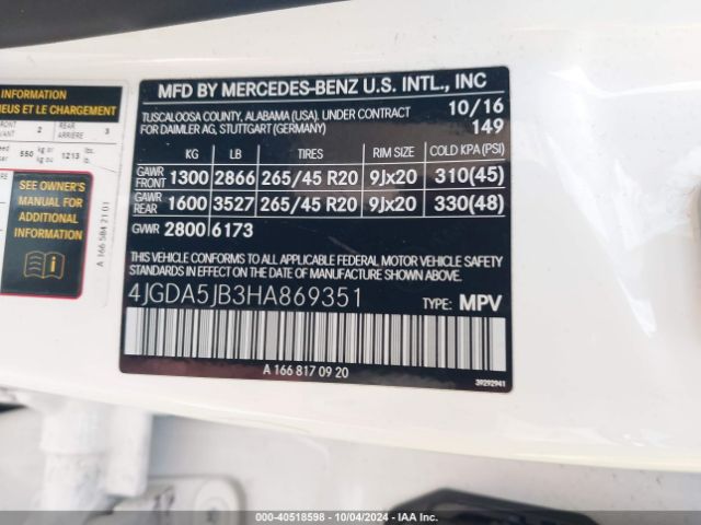 4JGDA5JB3HA869351 Mercedes-Benz GLE 350