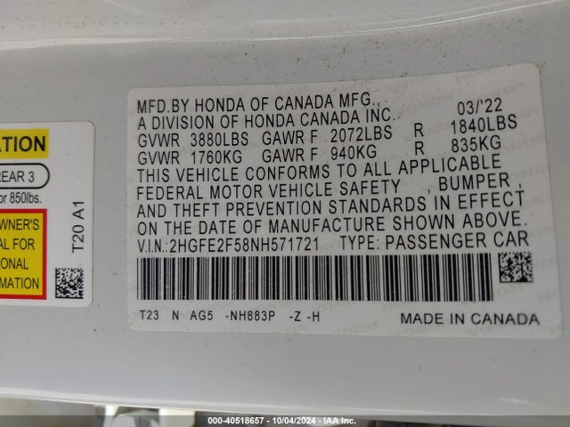 Honda Civic Sport 2022 2HGFE2F58NH571721 Image 9