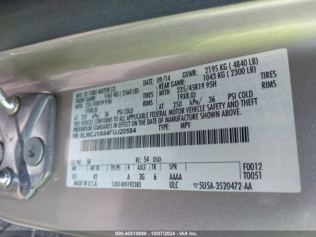 5LMCJ1A94FUJ20584 Lincoln MKC