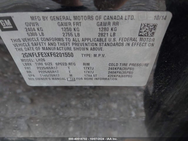 Chevrolet EQUINOX 1LT 2015 2GNFLFE3XF6201550 Image 9
