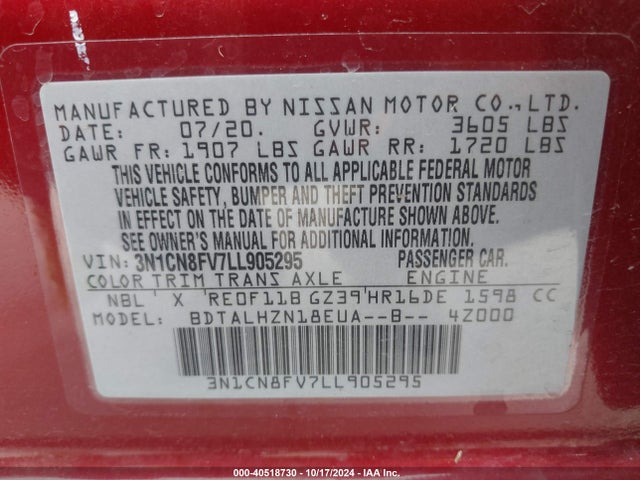 Nissan Versa Sr Xtronic Cvt 2020 3N1CN8FV7LL905295 Image 9