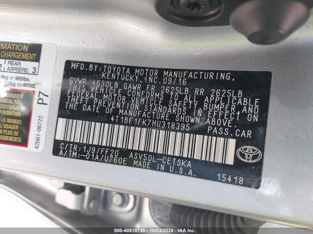 Toyota CAMRY SE 2017 4T1BF1FK7HU318395 Image 9