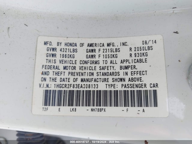 Honda Accord Ex-l 2014 1HGCR2F83EA308133 Image 9