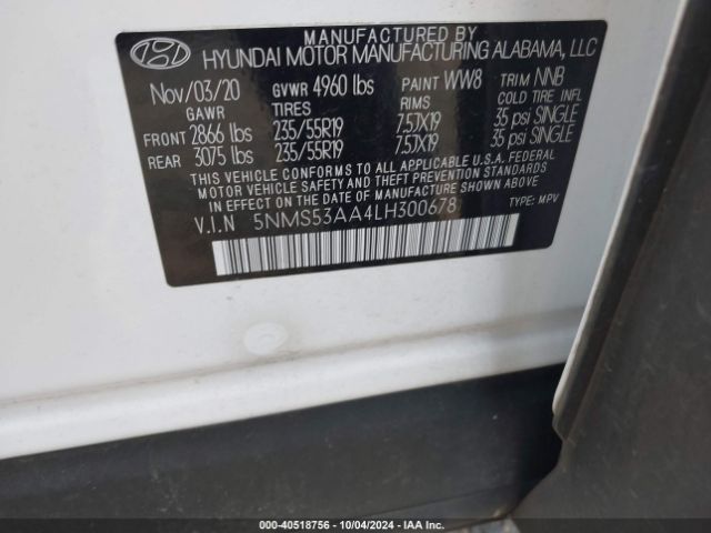5NMS53AA4LH300678 Hyundai Santa Fe Limited 2.0t