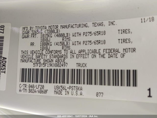 5TFDY5F19KX802497 Toyota Tundra Trd Pro 5.7l V8