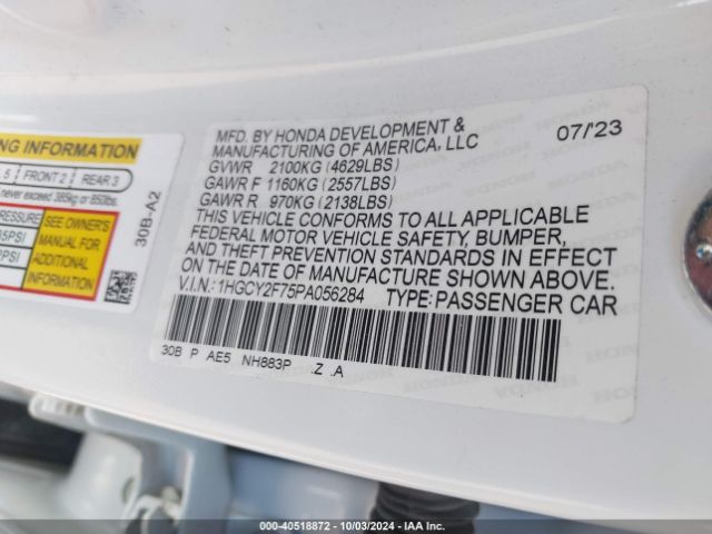 1HGCY2F75PA056284 Honda Accord Hybrid Sport-l