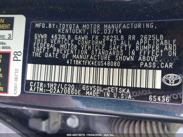 4T1BK1FK4EU548080 Toyota Camry Se V6