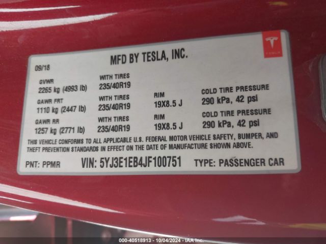 5YJ3E1EB4JF100751 Tesla Model 3 Long Range/performance