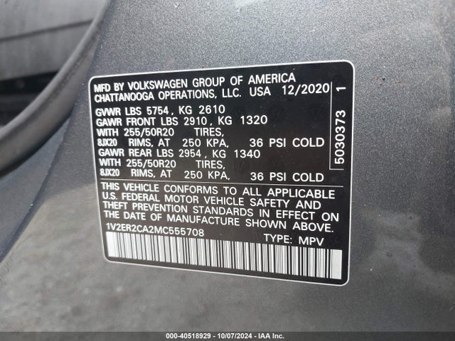 1V2ER2CA2MC555708 Volkswagen Atlas 3.6l V6 Sel