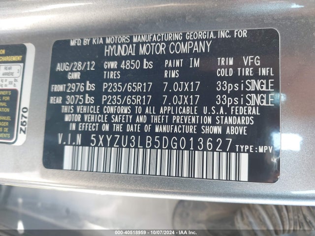 2013 Hyundai Santa Fe Sport მანქანა იყიდება აუქციონზე, vin: 5XYZU3LB5DG013627, აუქციონის ნომერი: 40518959