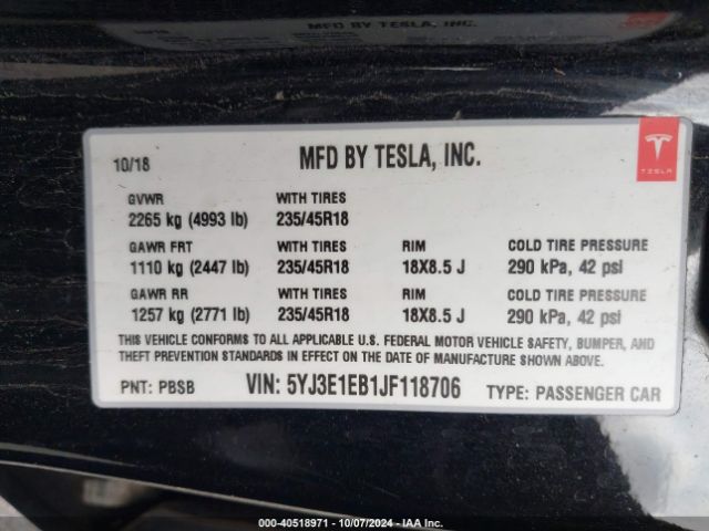 5YJ3E1EB1JF118706 Tesla Model 3 Long Range/performance