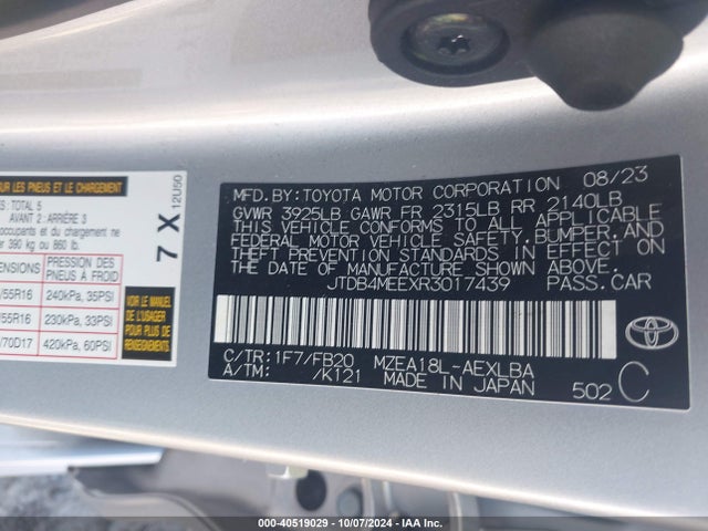 Toyota COROLLA LE 2024 JTDB4MEEXR3017439 Image 9