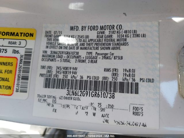 3LN6L2G91GR610738 Lincoln MKZ