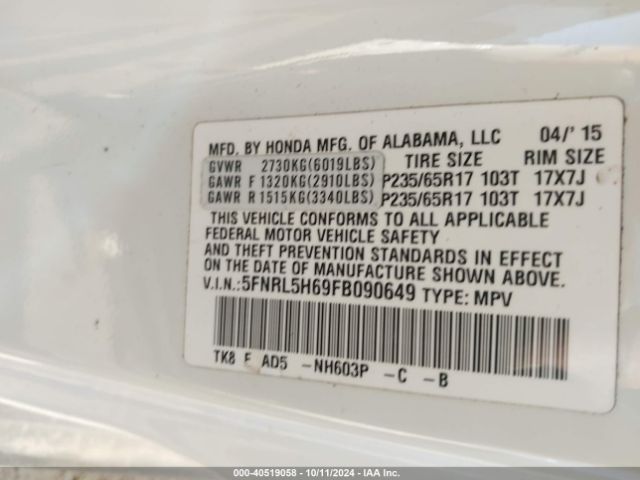 5FNRL5H69FB090649 Honda Odyssey Ex-l