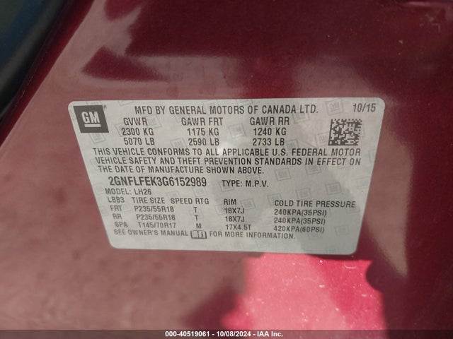 Chevrolet EQUINOX LT 2016 2GNFLFEK3G6152989 Image 9